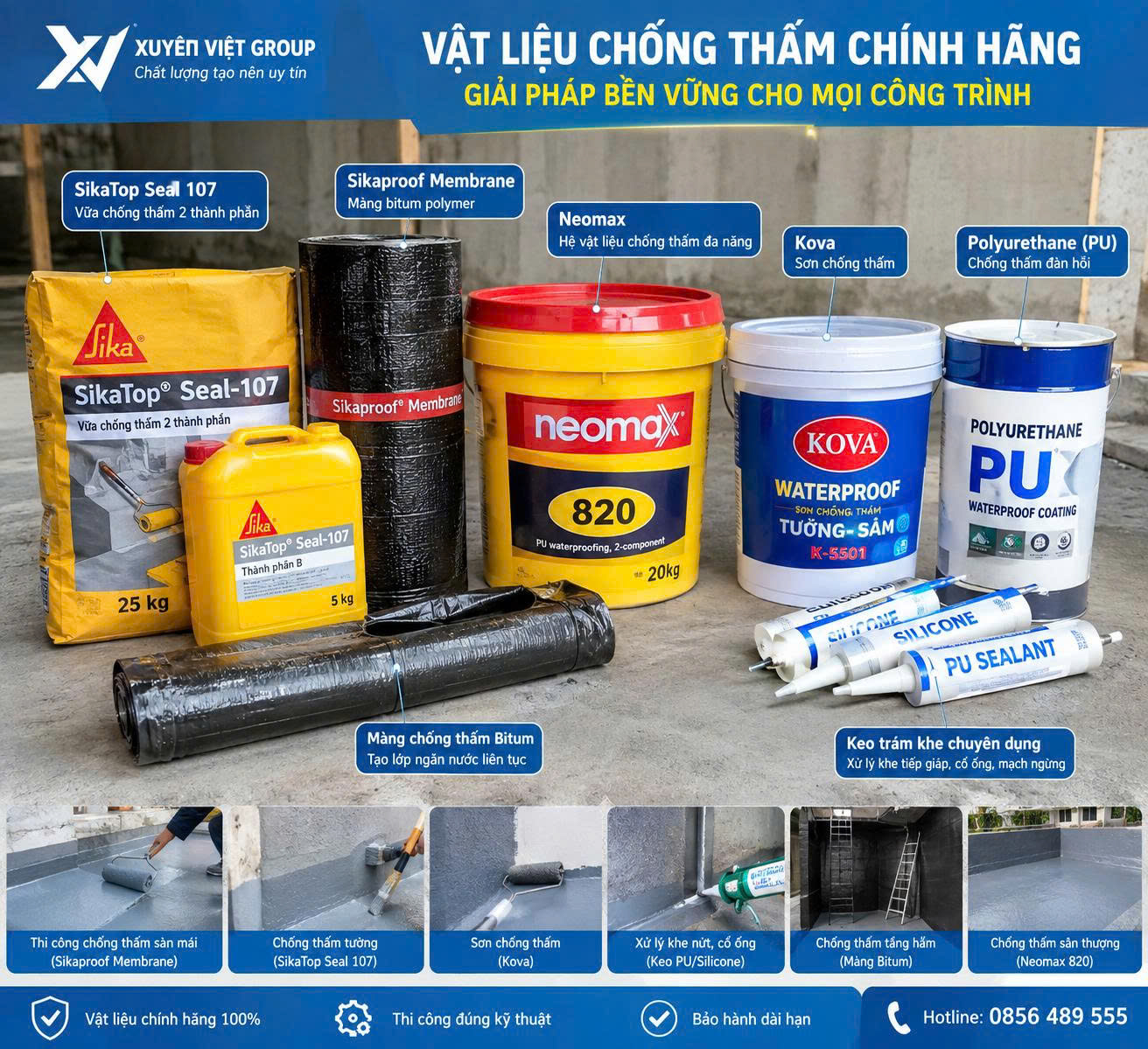 Các vật tư chống thấm chính hãng được sử dụng cho công trình Quận 5